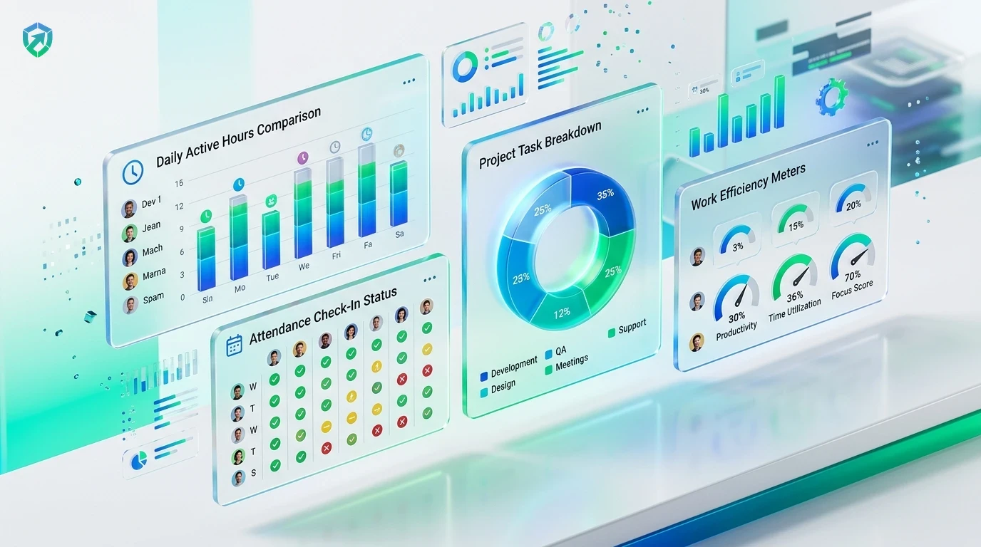 Tracknesty Employee Productivity Monitoring Dashboard showing active velocity percentages and focus reports