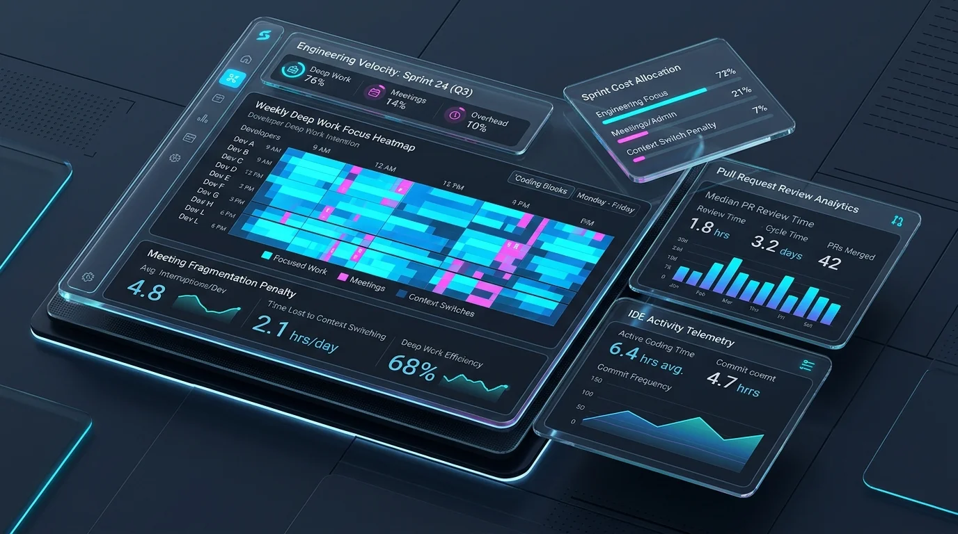 3D Engineering Analytics Dashboard Showing Deep Work Heatmaps, Meeting Fragmentation Penalties, and PR Review Time