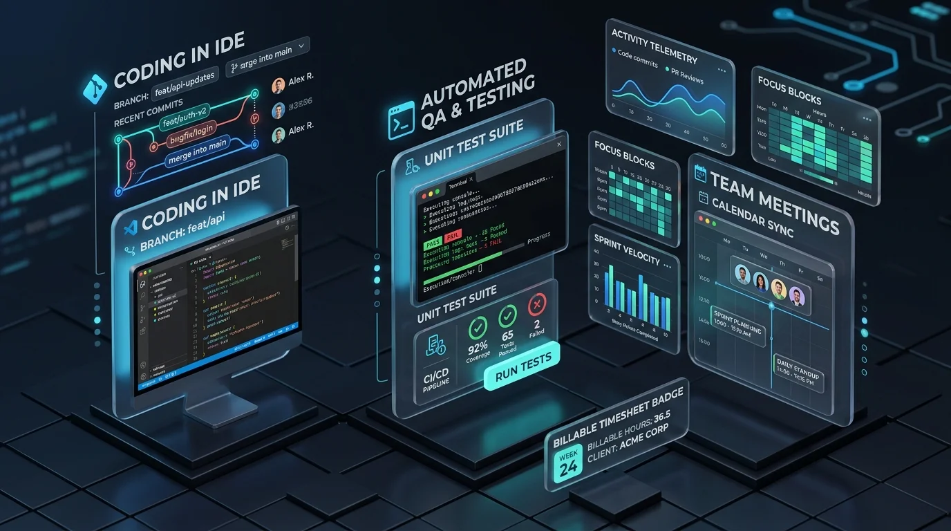3D Visualization of Developer Time Split Across Coding, Automated QA Testing, and Team Meetings