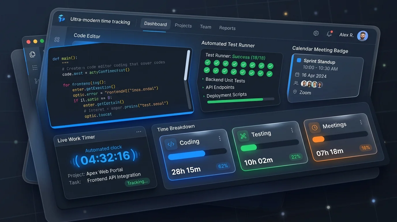Tracknesty 3D UI Dashboard for Developer Time Tracking across Coding, Testing, and Meetings