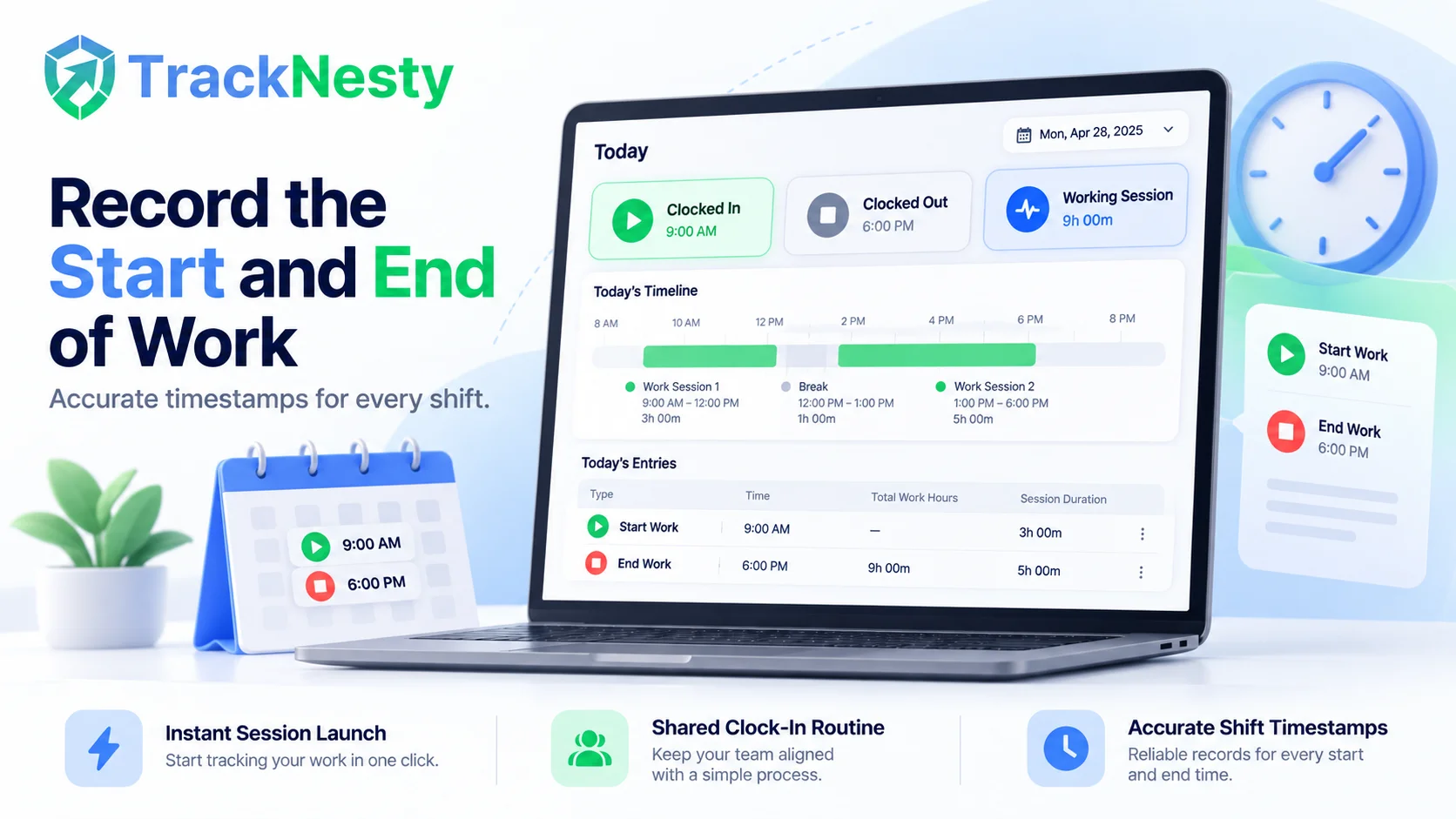 TrackNesty Time Clock App Recording Daily Start and End Shifts