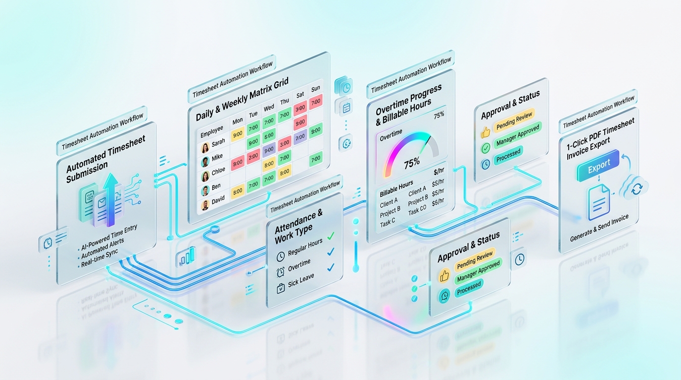 Automated Timesheet 3D Isometric Workflow & Matrix
